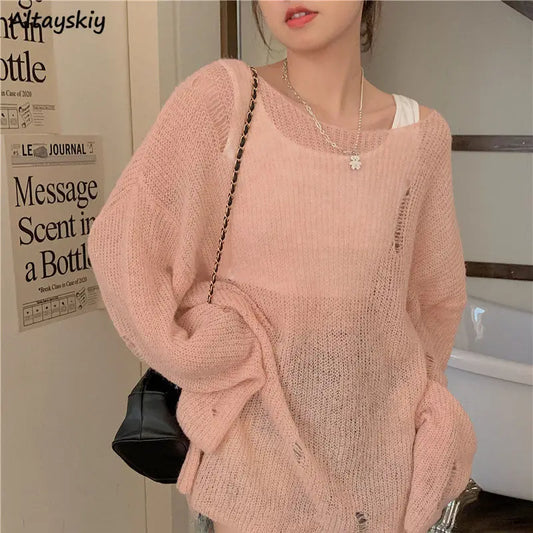 Pullovers Women Holes Thin Summer Solid Loose Tops Knitted Sunproof Sweater Slash Neck Slouchy Hollow Out Outwear Casual Simple